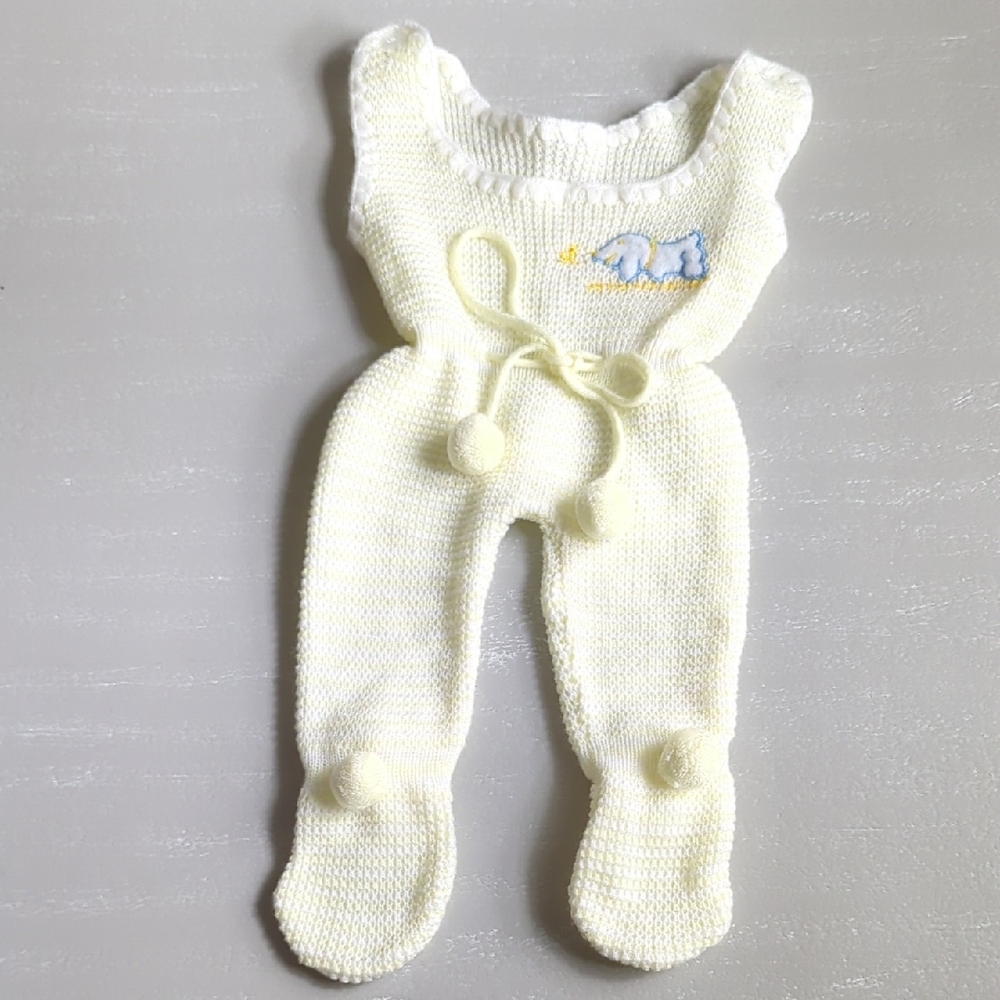 Vintage Knit‎ Baby One Piece Yellow Dog Pom Poms Size 0-3m